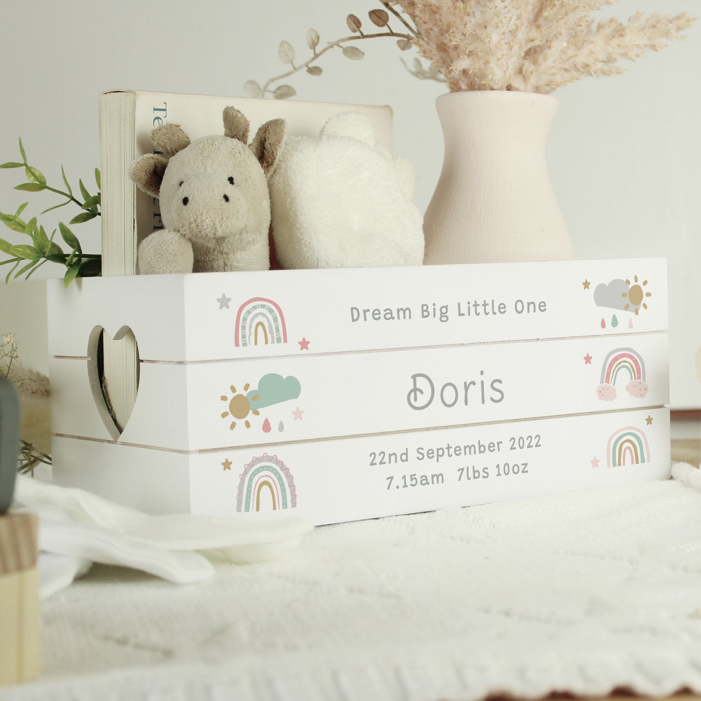 Personalised Rainbow Baby White Wooden Crate Keepsake