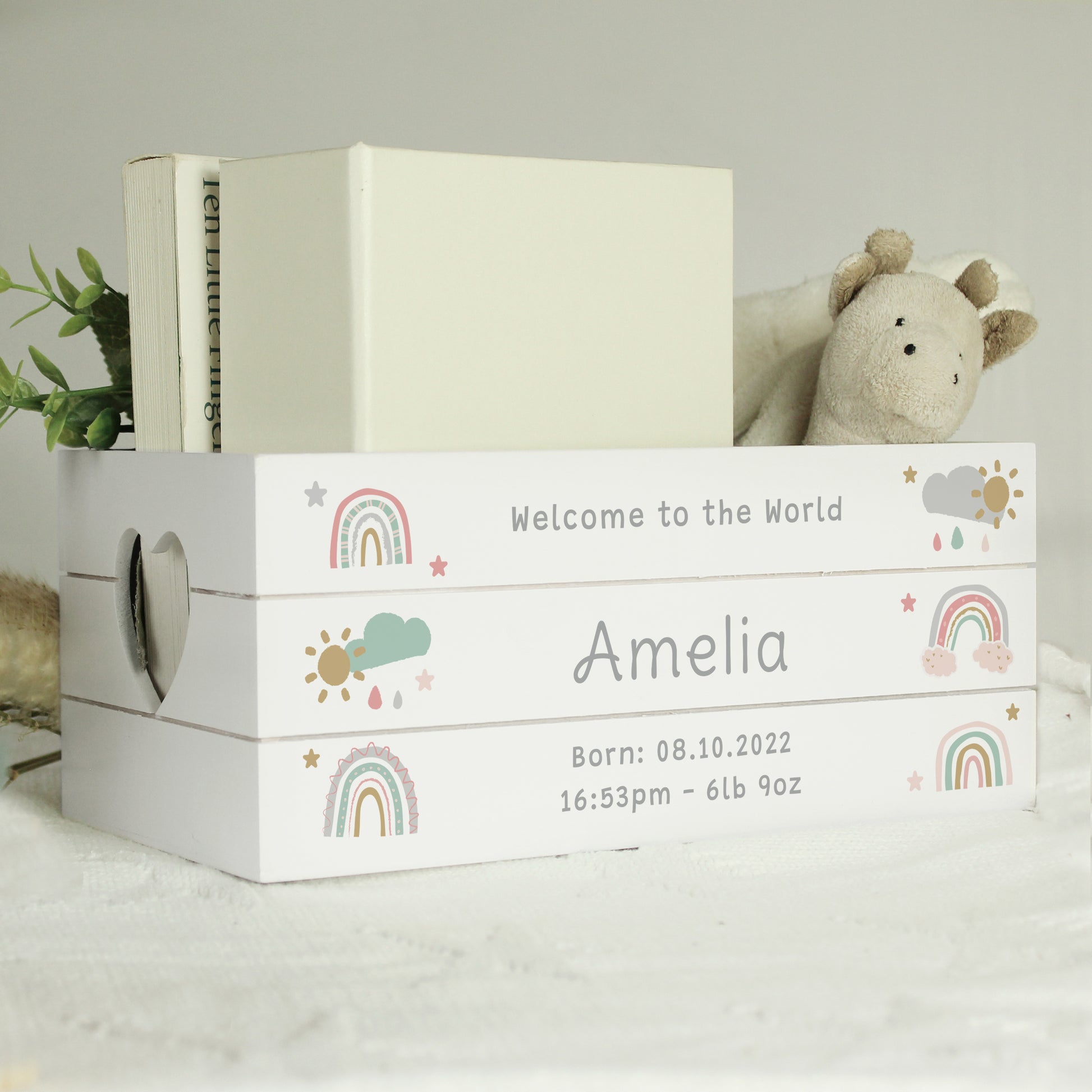 Personalised Rainbow Baby White Wooden Crate Keepsake