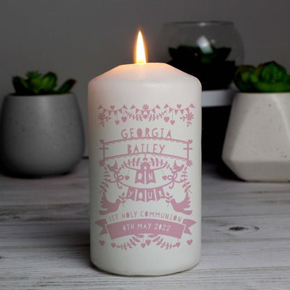 Personalised Pink Papercut Style Pillar Candle