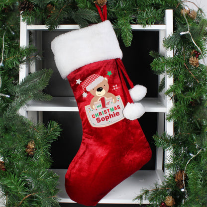 Personalised Pocket Teddy Baby’s 1st Christmas Luxury Red Stocking