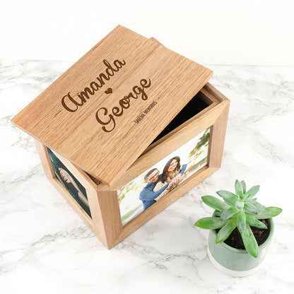 Personalised Name and Heart Oak Photo Cube Keepsake Box Wedding Gift