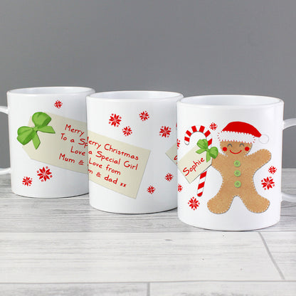 Personalised Felt Stitch Gingerbread Man Plastic Christmas Mug