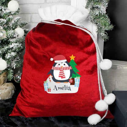 Luxury Personalised Penguin Pom Pom Red Sack