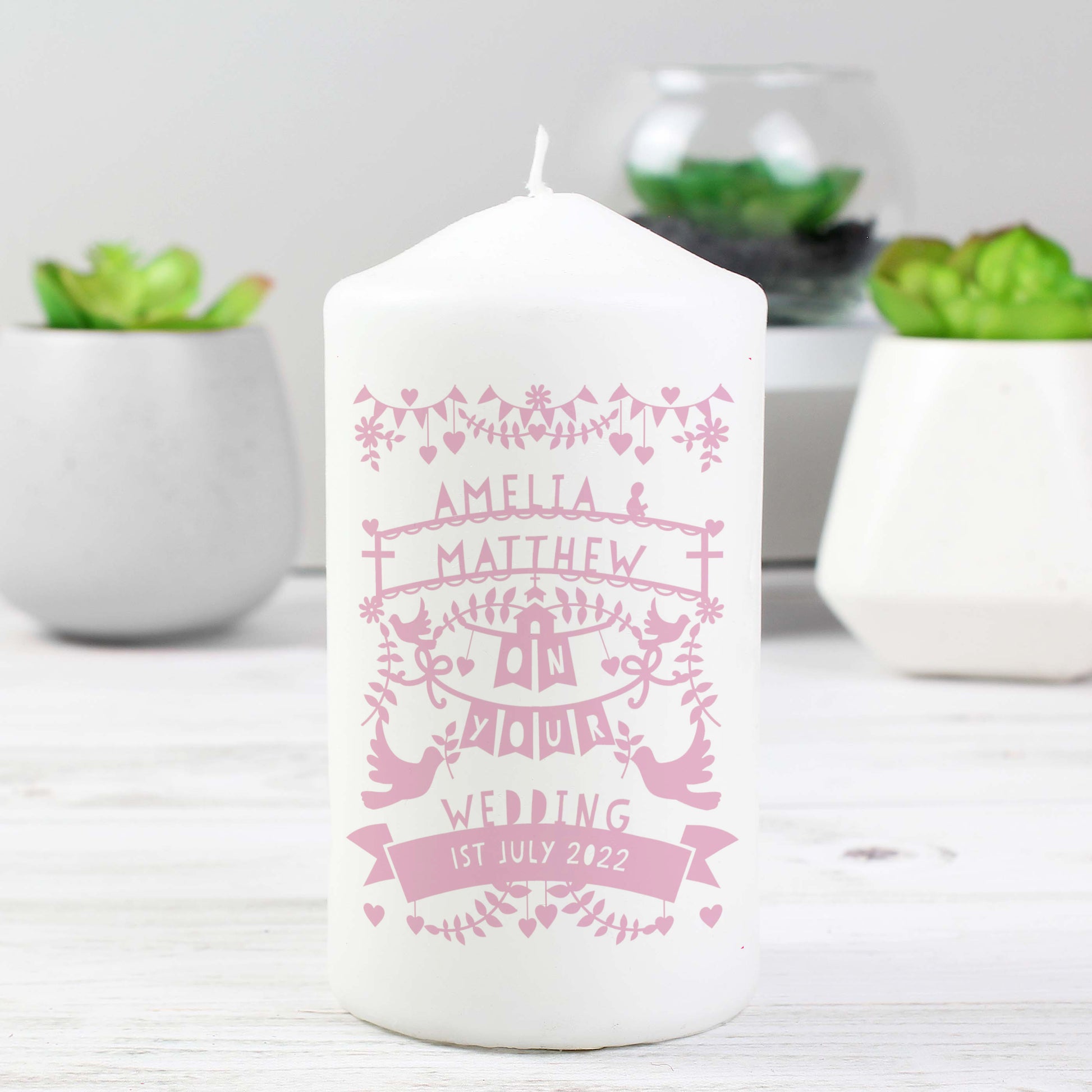 Personalised Pink Papercut Style Pillar Candle