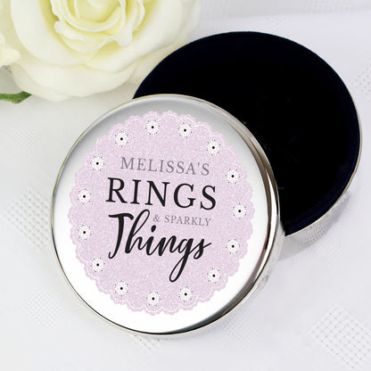 Personalised Lilac Lace 'Rings & Sparkly Things' Round Trinket Box