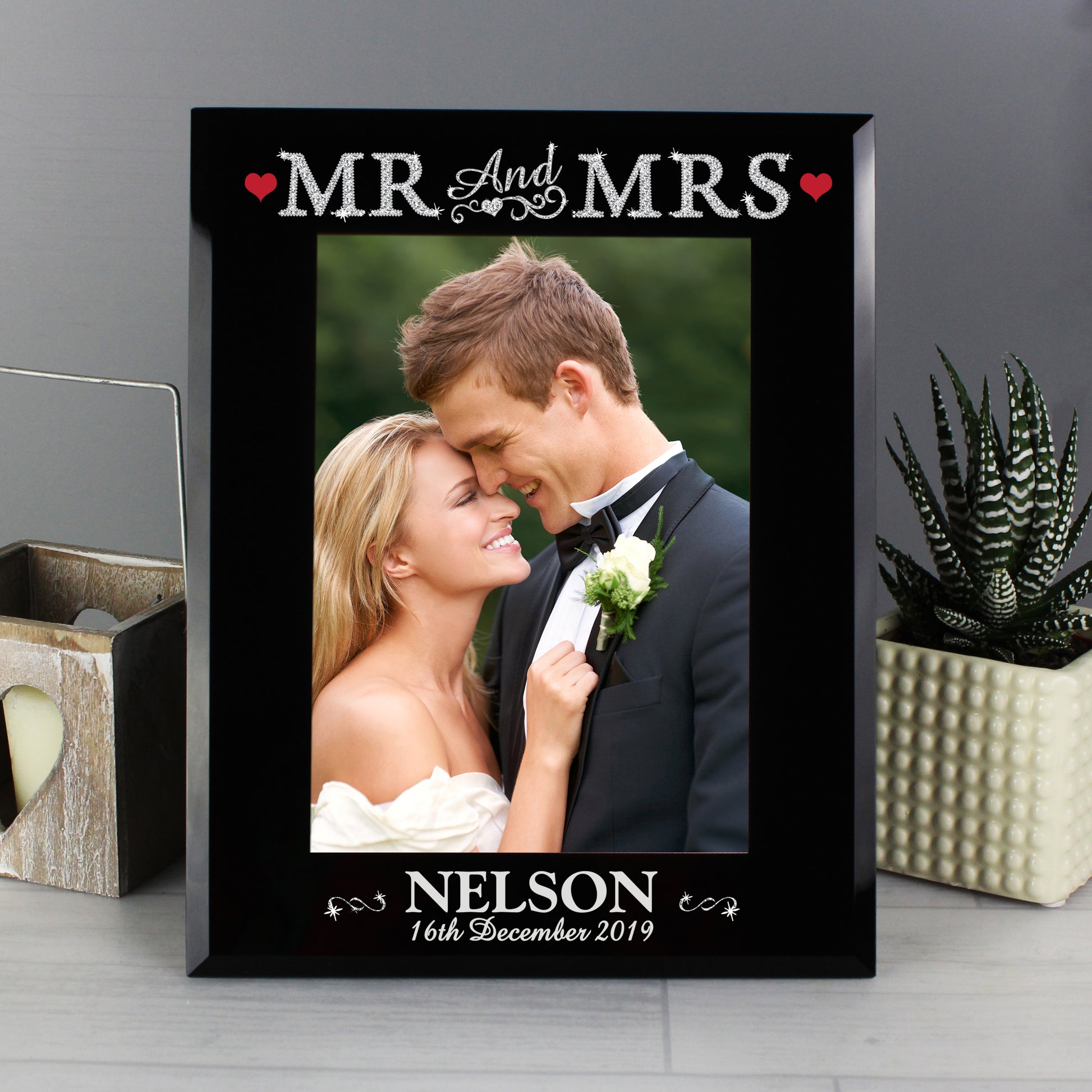 Personalised Bling Mr & Mrs Black Glass 5x7 Photo Frame