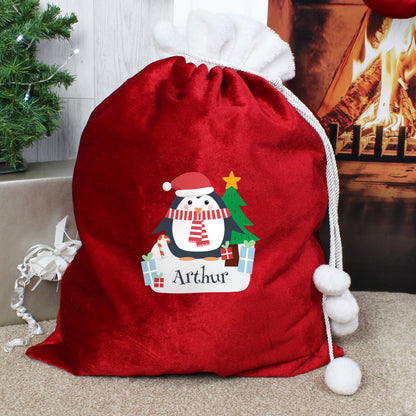 Luxury Personalised Penguin Pom Pom Red Sack