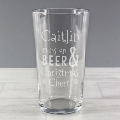 Personalised Runs On Beer & Christmas Cheer Pint Glass