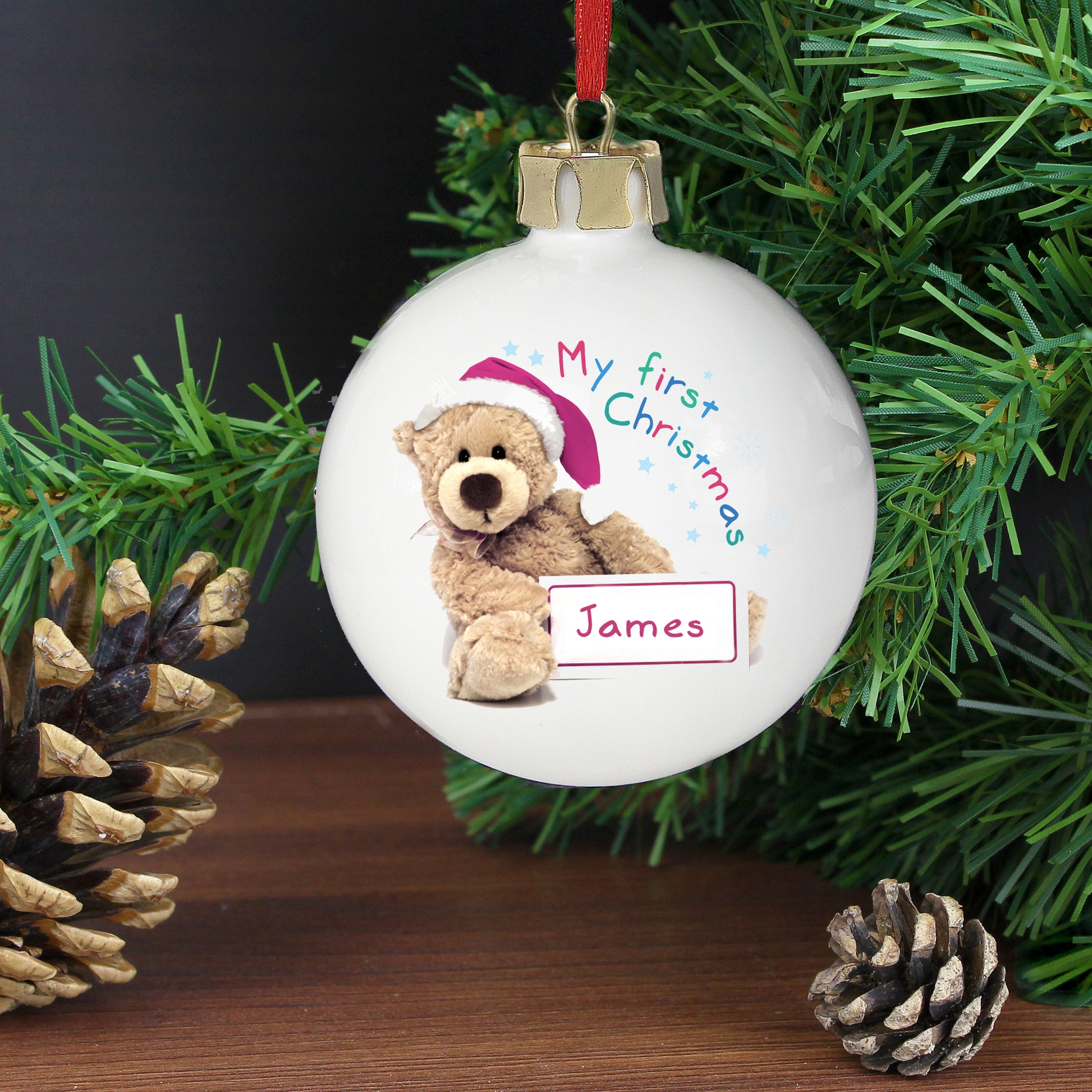 Personalised Teddy First Christmas Bauble