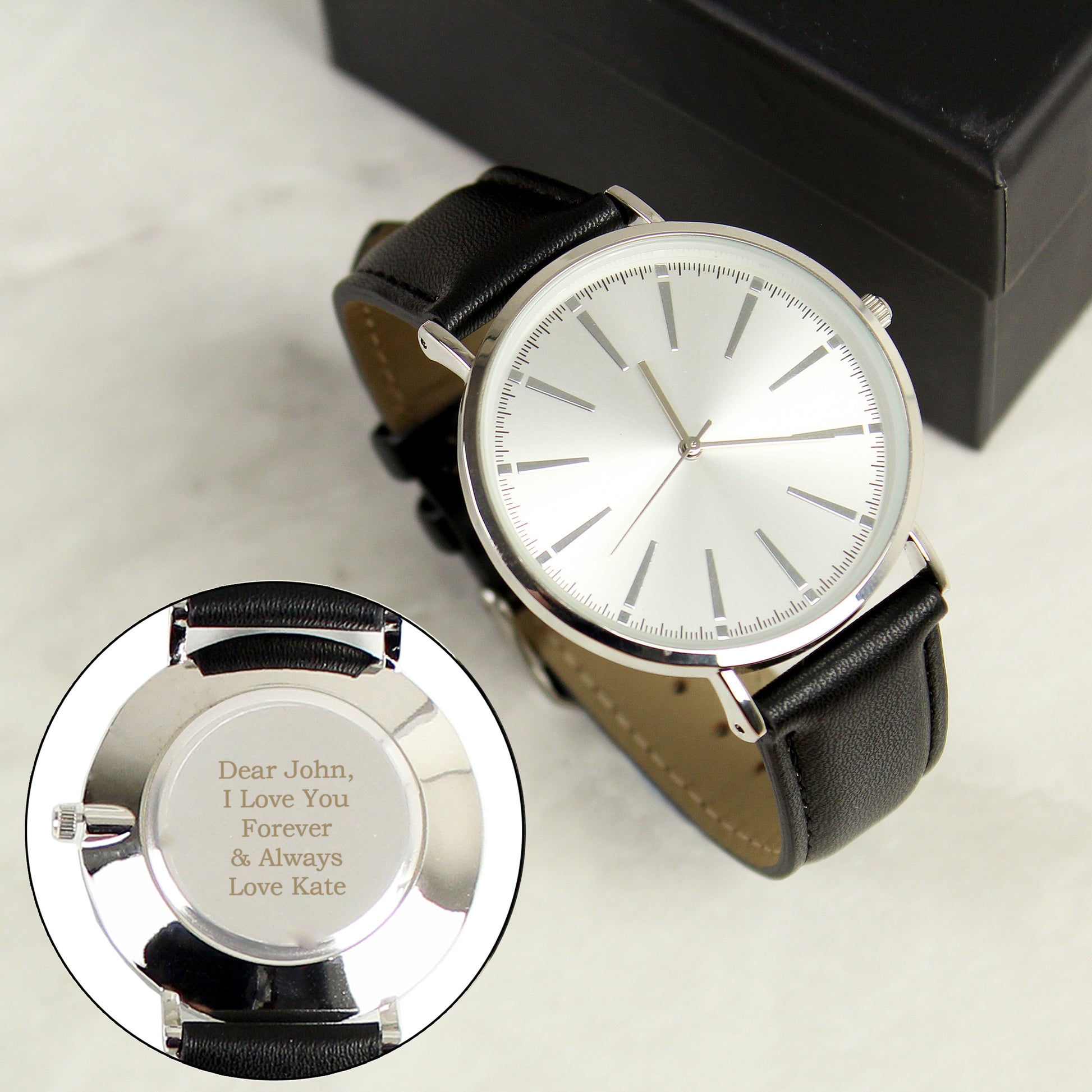 Personalised Silver with Black Leather Strap Mens Watch - PCS Cufflinks & Gifts