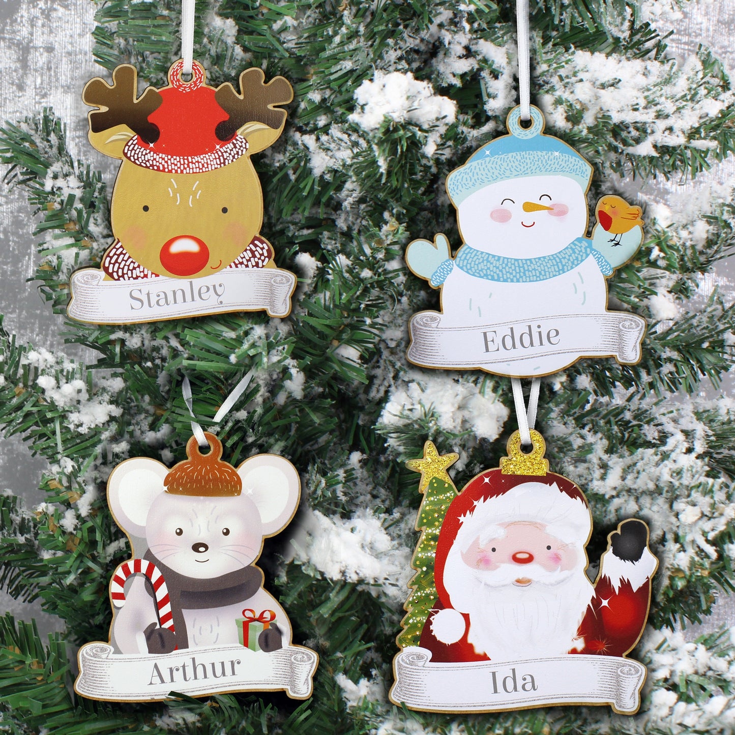 Personalised Set of Four Christmas Characters Wooden Decorations