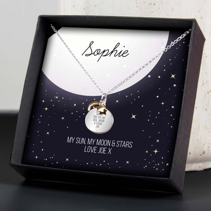 Personalised Sentiment Moon & Stars Sterling Silver Necklace and Box