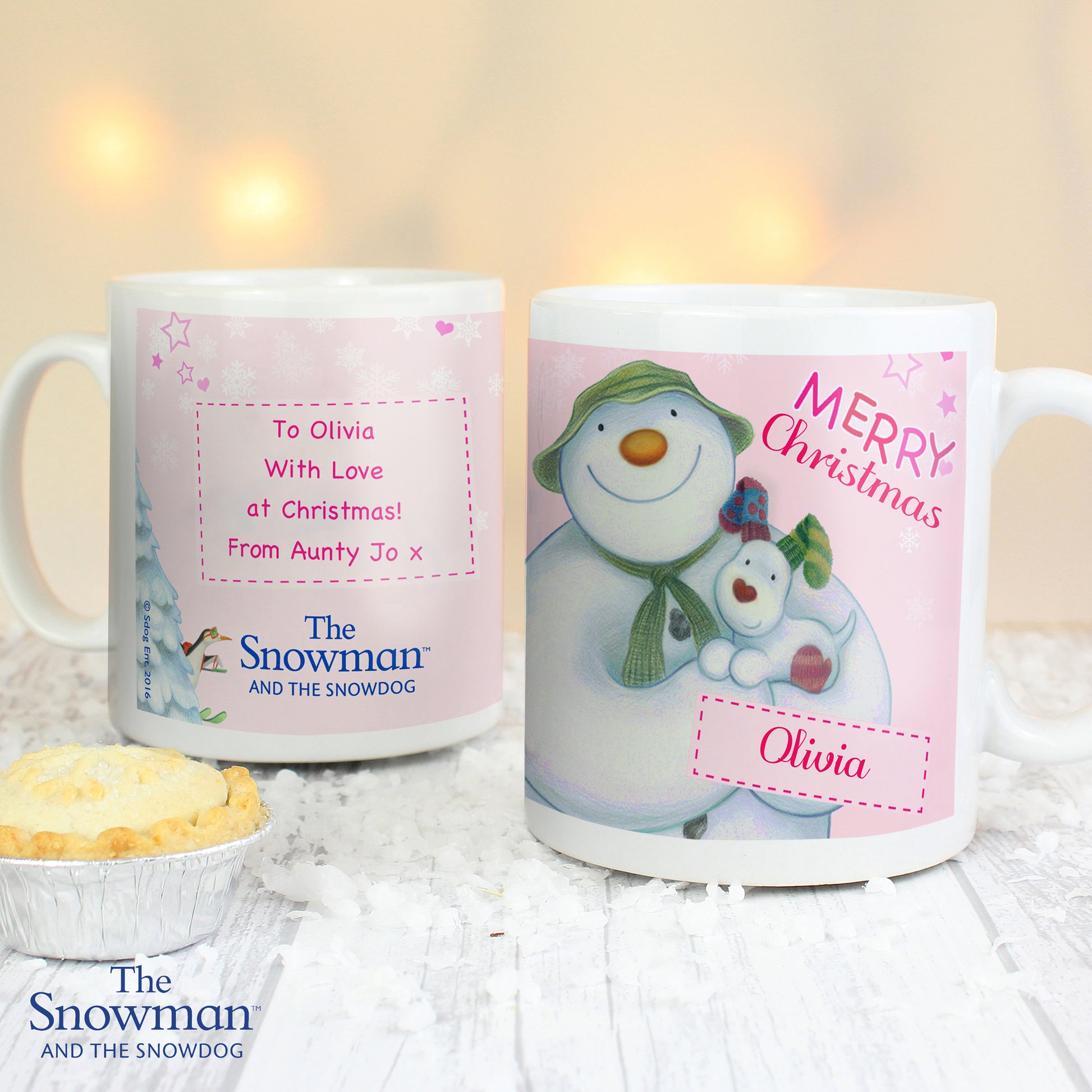 Personalised The Snowman and the Snowdog Pink Christmas Mug