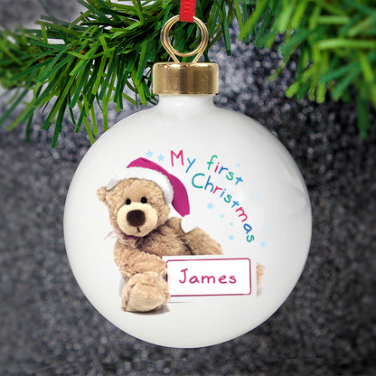 Personalised Teddy First Christmas Bauble