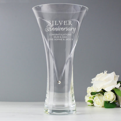 Personalised Silver Anniversary Swarovski Heart Glass Vase