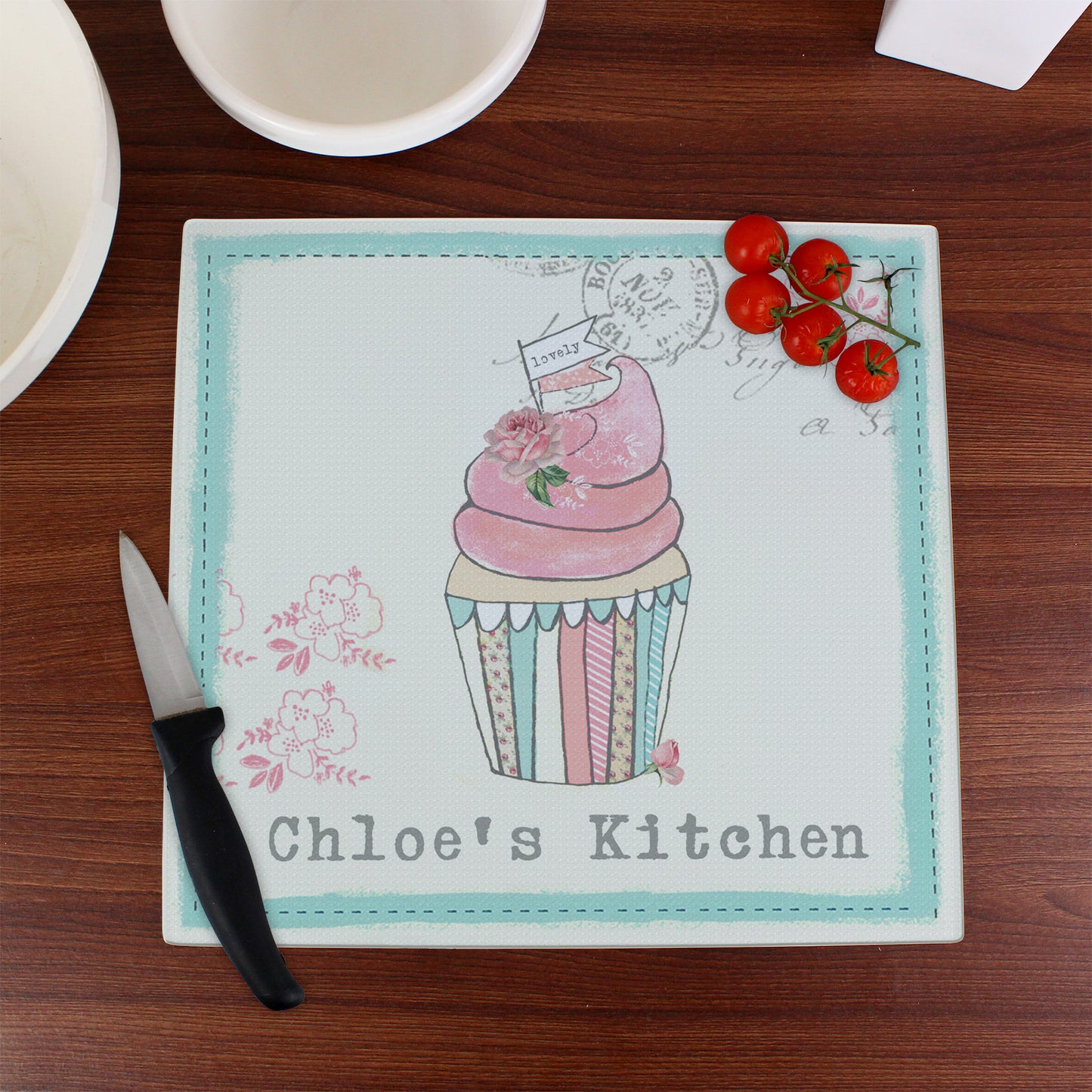 Personalised Vintage Pastel Cupcake Glass Chopping Board/Worktop Saver