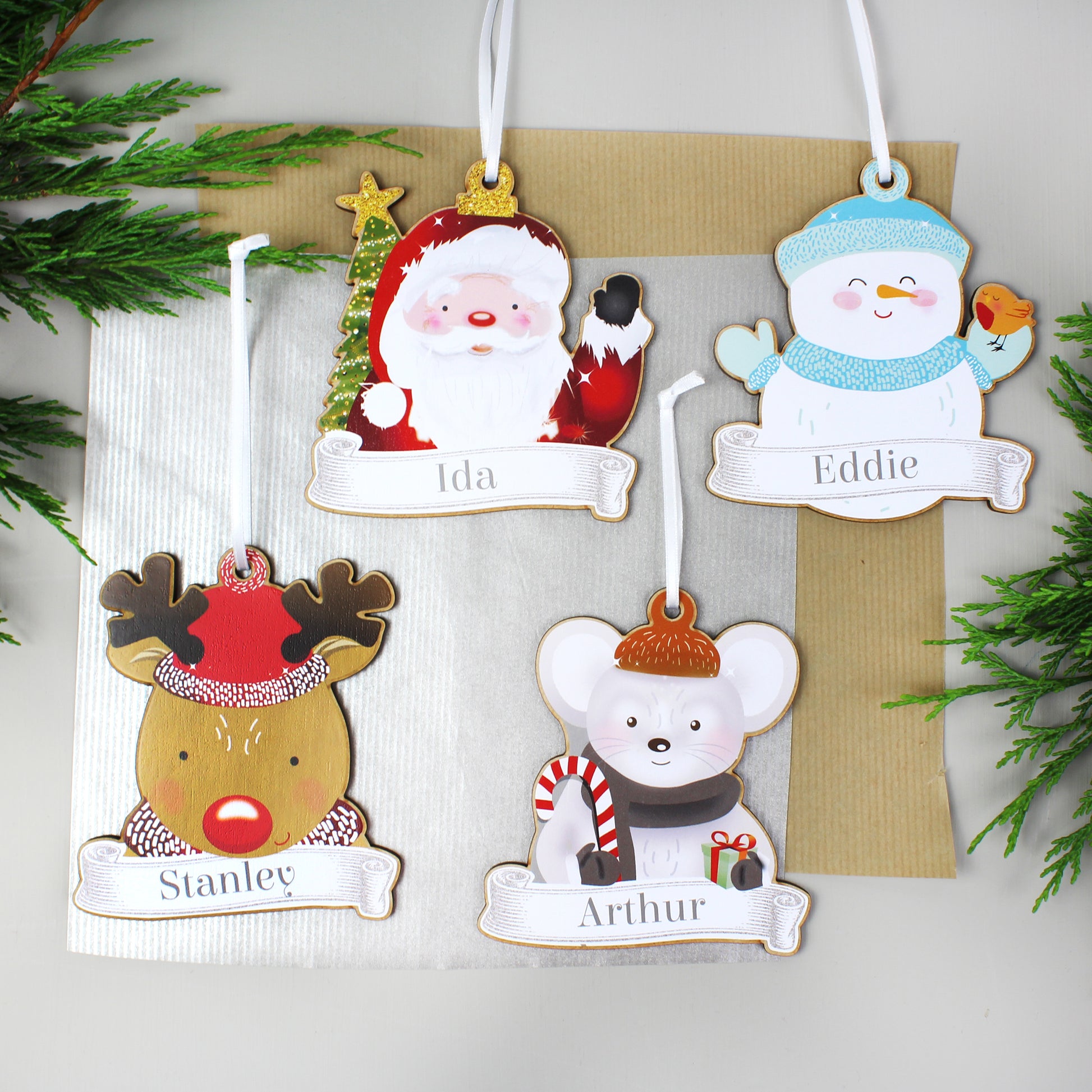 Personalised Set of Four Christmas Characters Wooden Decorations