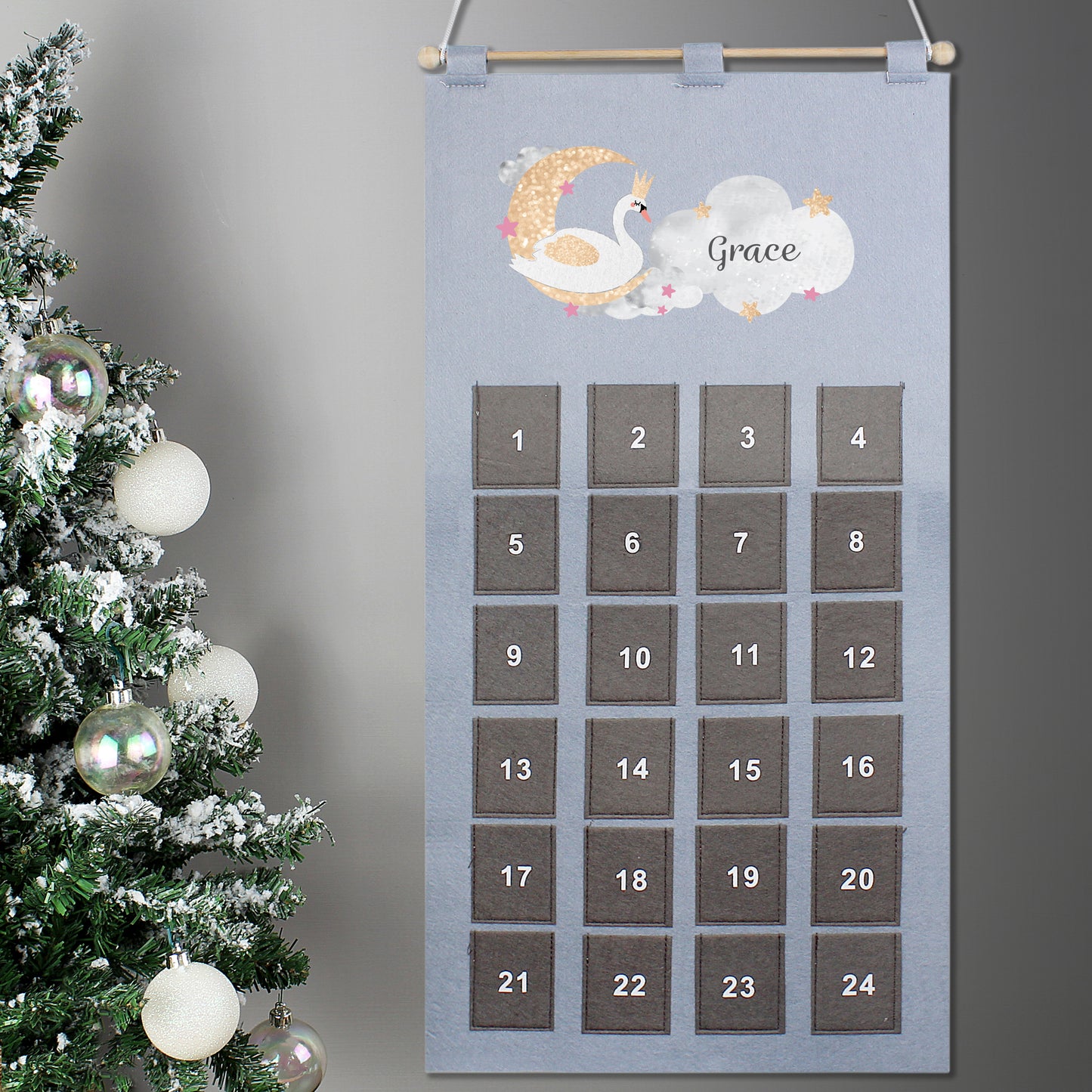 Personalised Christmas Swan Lake Silver Grey Pockets Advent Calendar