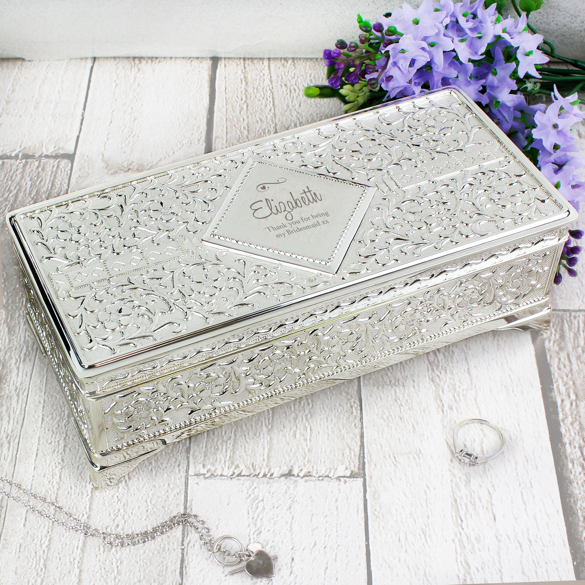 Personalised Swirls & Hearts Antique Silver Plated Jewellery Box