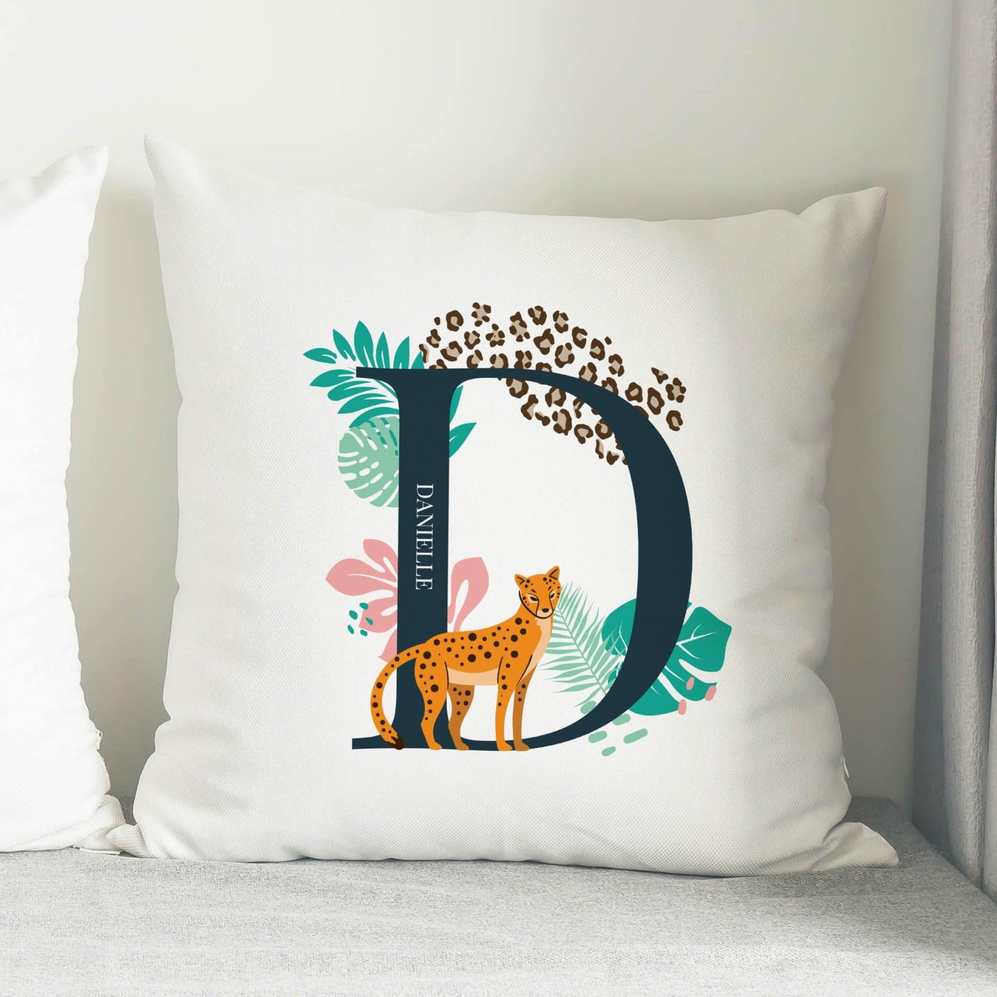 Personalised Leopard Initial White Cushion