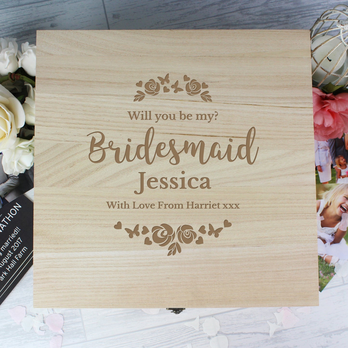 Personalised Bridesmaid Floral Watercolour Large Wooden Keepsake Box