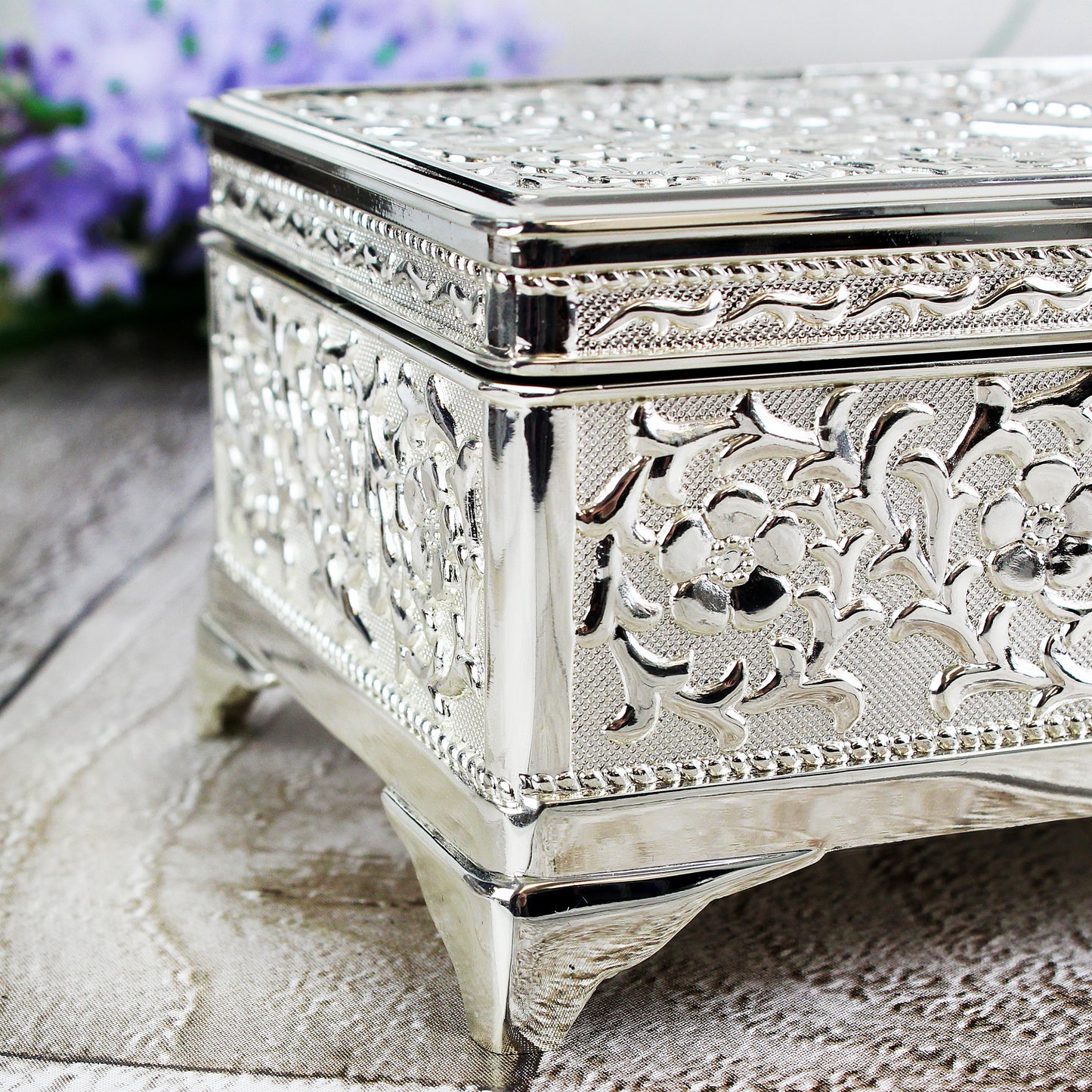 Personalised Swirls & Hearts Antique Silver Plated Jewellery Box