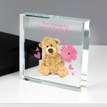 Personalised Teddy Flower Large Crystal Token