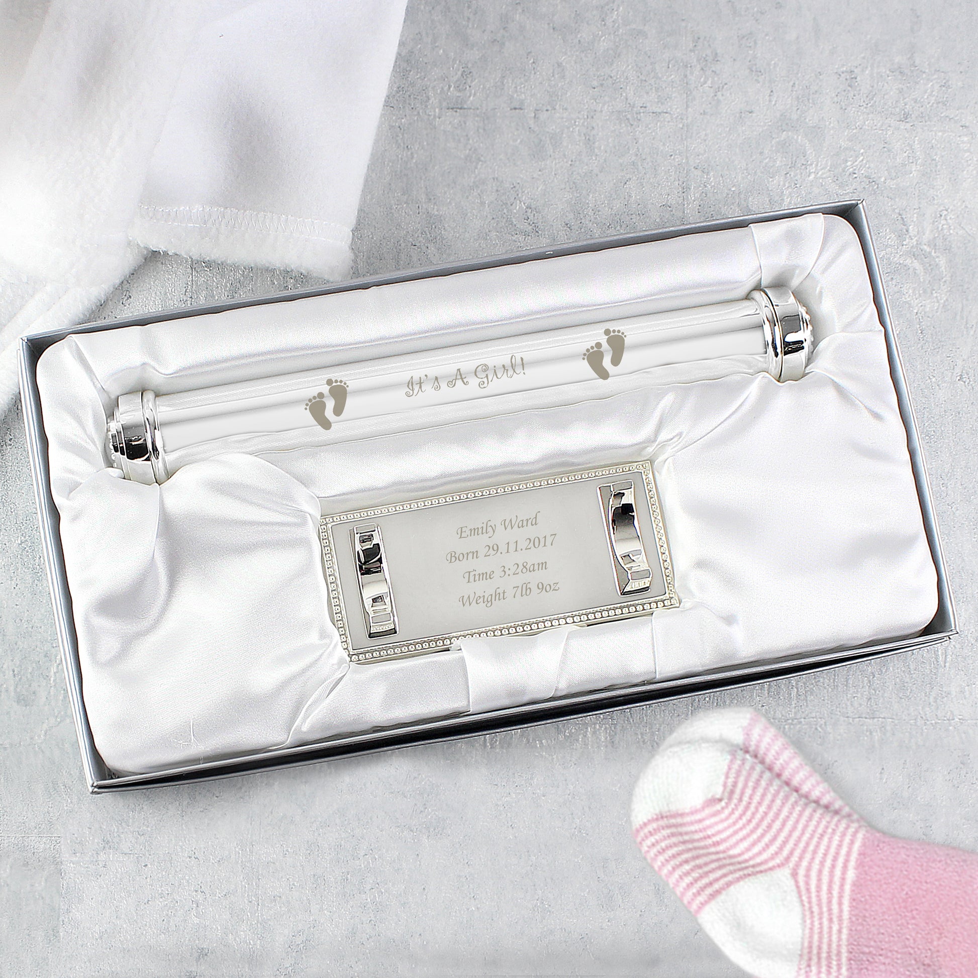 Personalised Its A Girl Silver Plated Certificate Holder