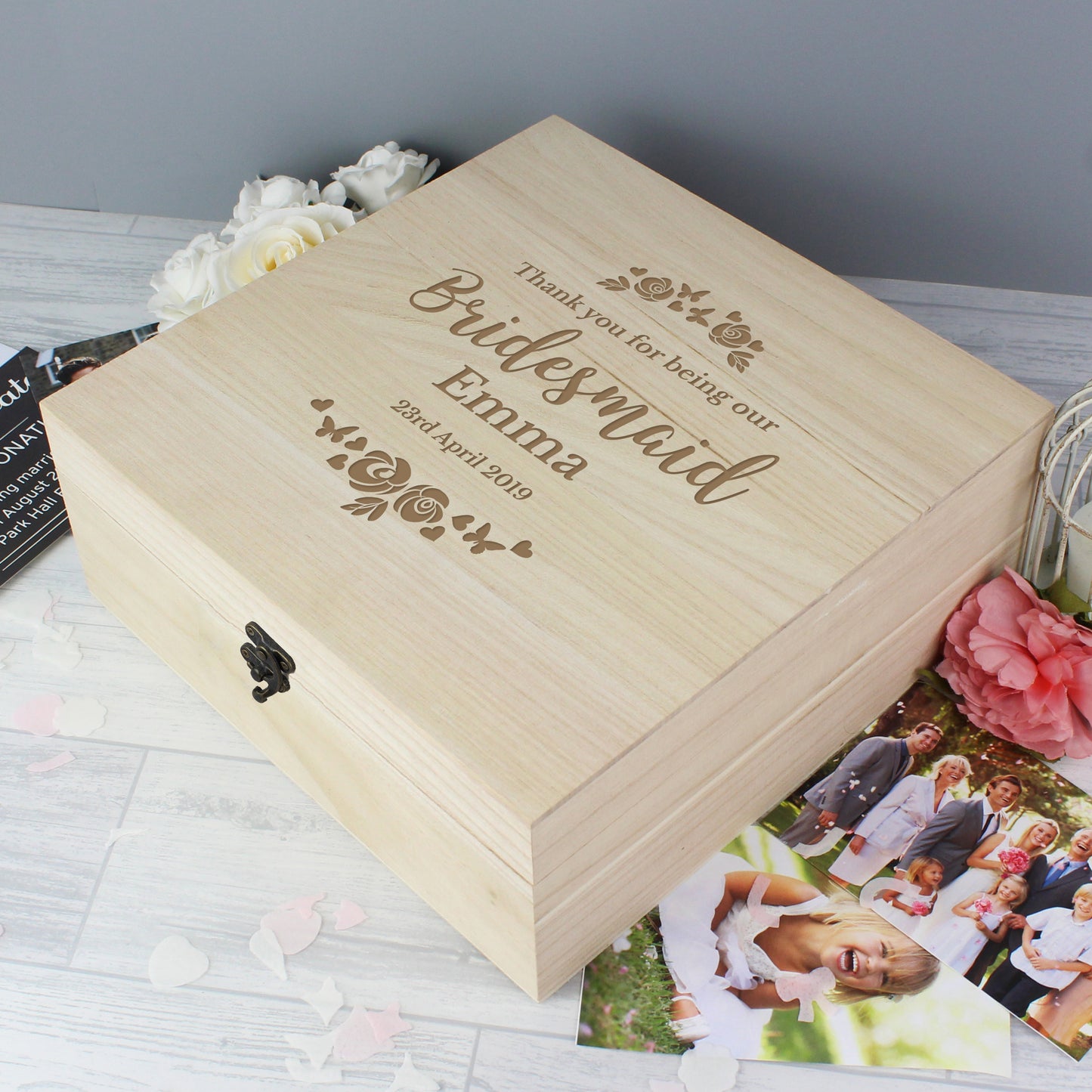 Personalised Bridesmaid Floral Watercolour Large Wooden Keepsake Box