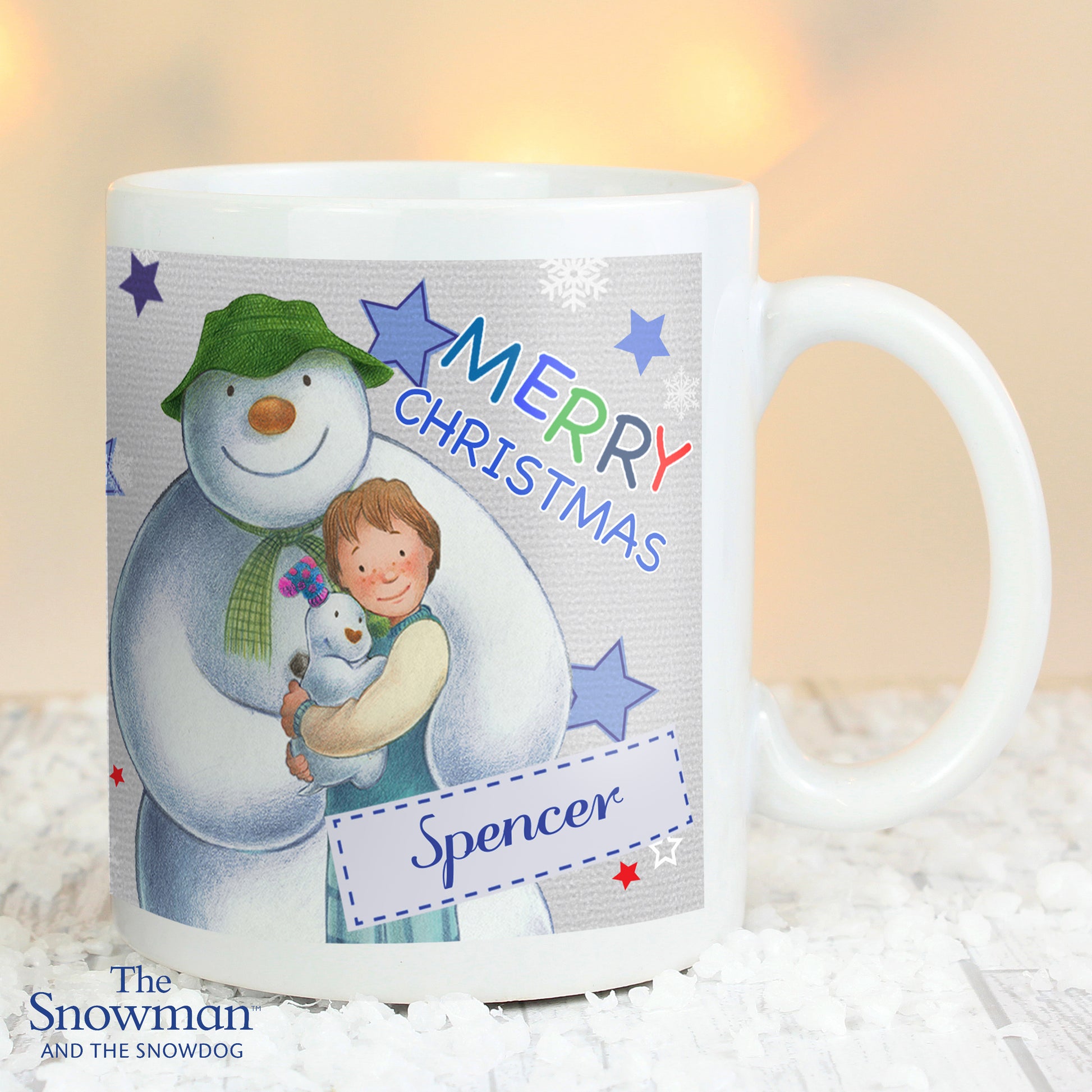 Personalised The Snowman and the Snowdog Blue Christmas Mug