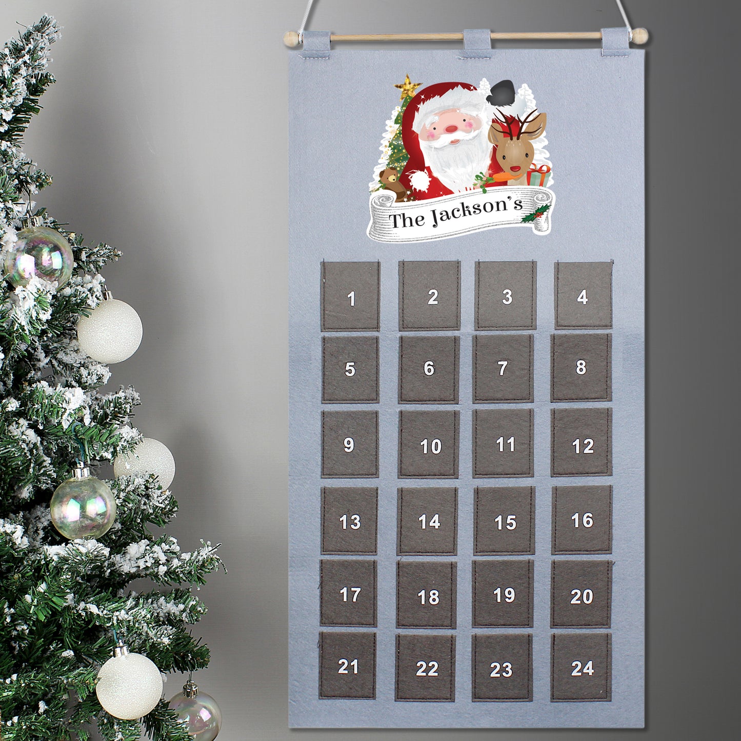 Personalised Christmas Santa Silver Grey Pockets Advent Calendar