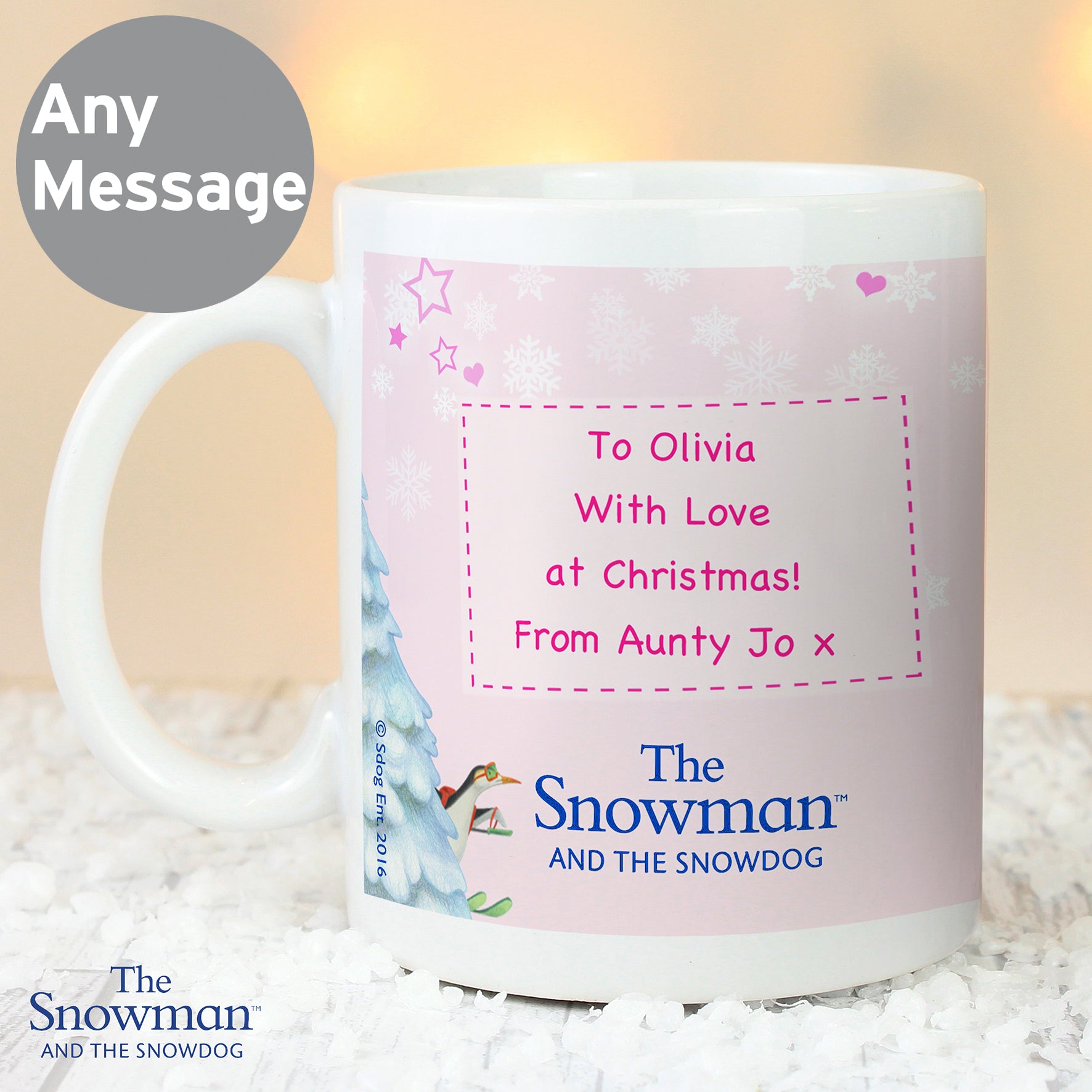 Personalised The Snowman and the Snowdog Pink Christmas Mug