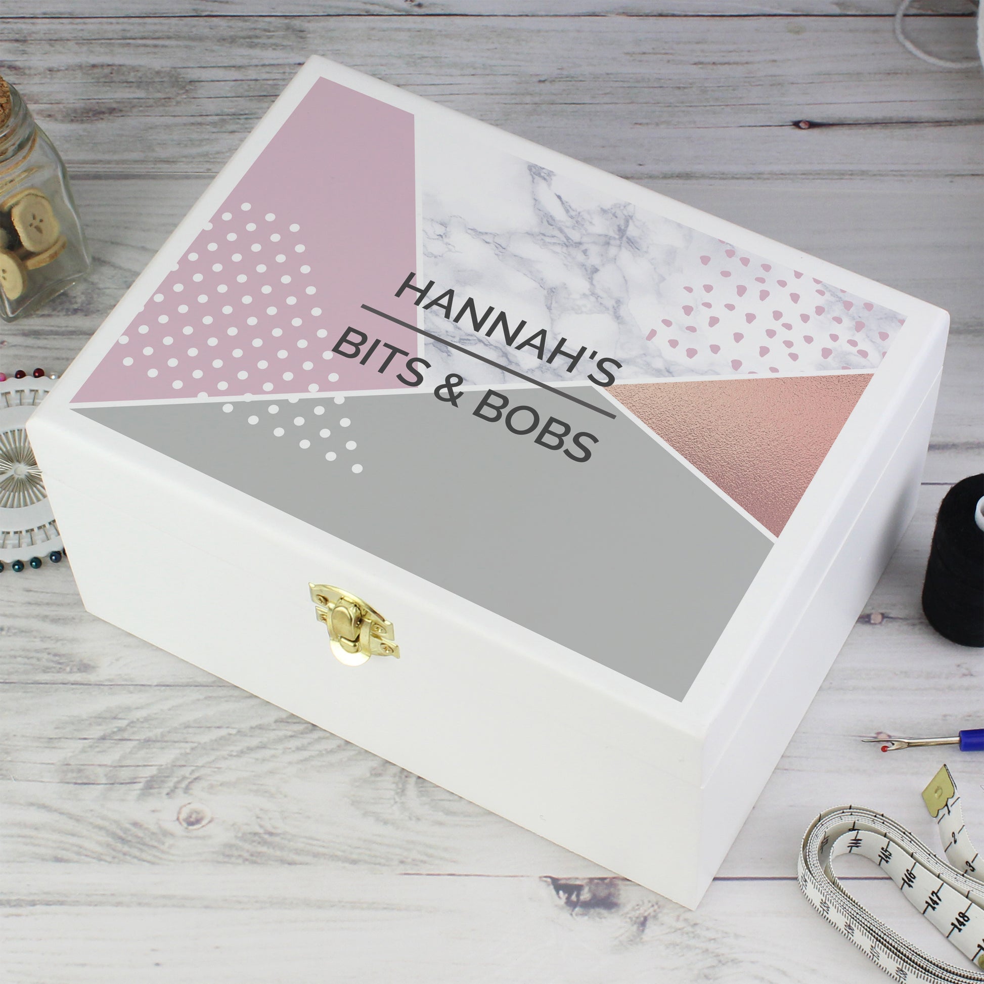 Personalised Geometric White Wooden Keepsake Box