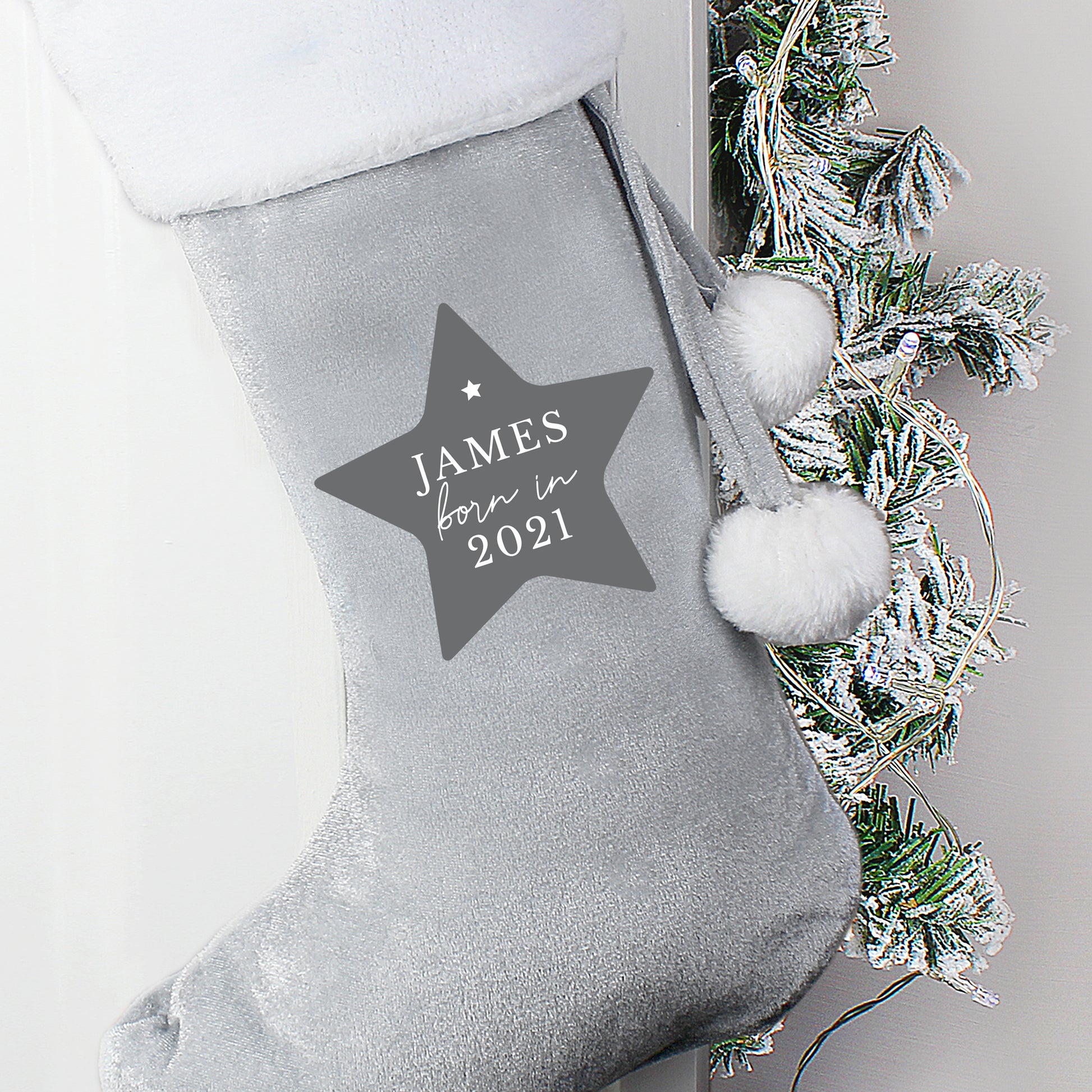 Personalised Born In Luxury Silver Grey Christmas Stocking