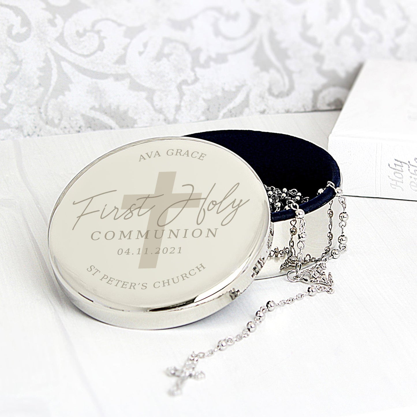 Personalised First Holy Communion Round Trinket Box & Cross Necklace Set