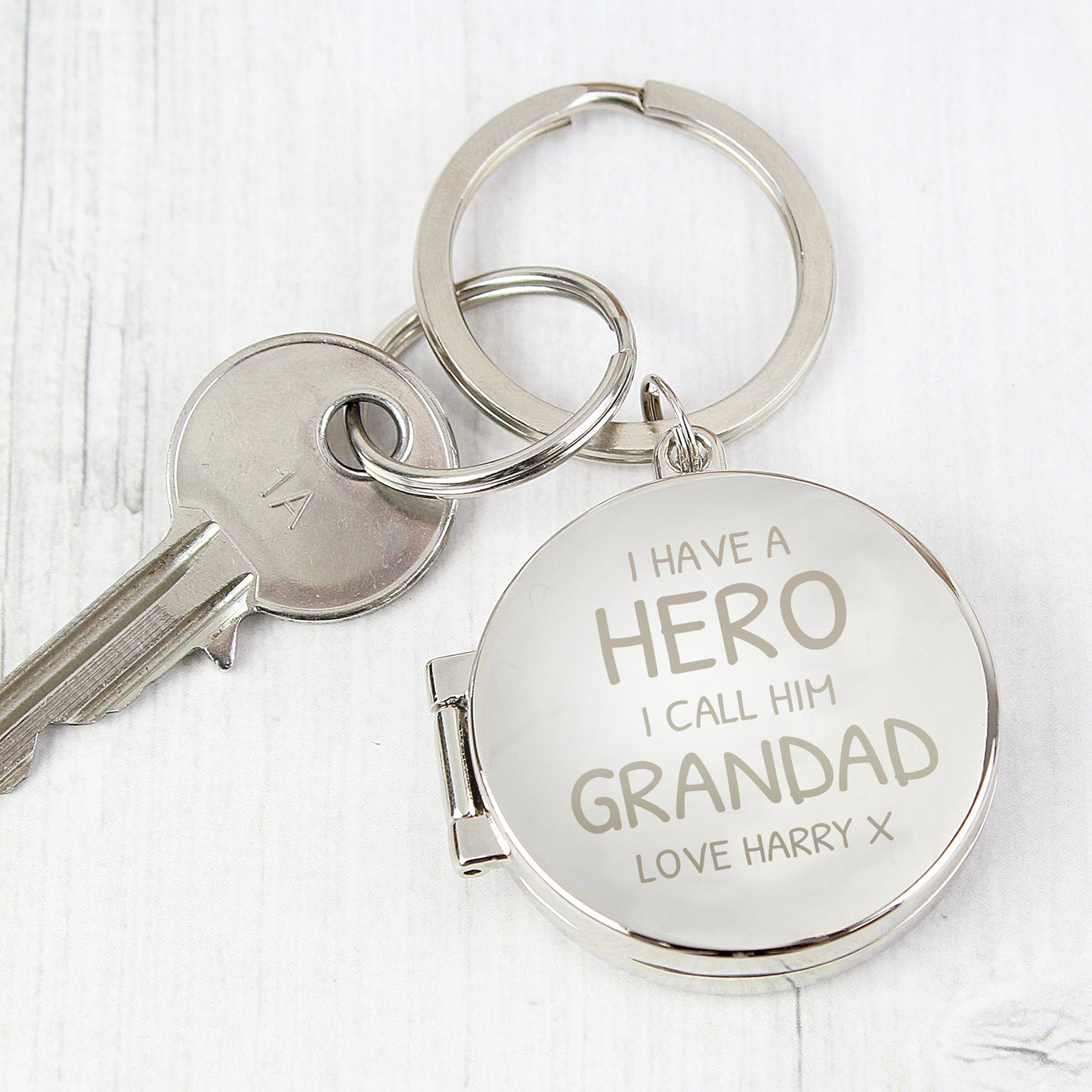 Personalised I Have A Hero Round Photo Locket Keyring