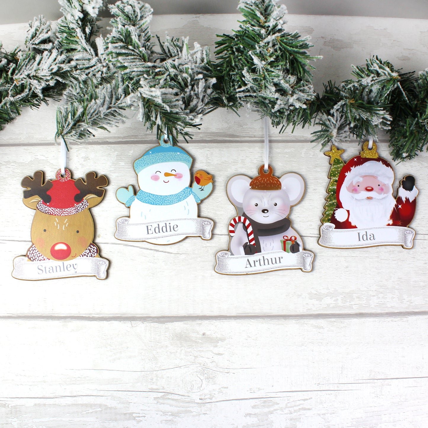 Personalised Set of Four Christmas Characters Wooden Decorations