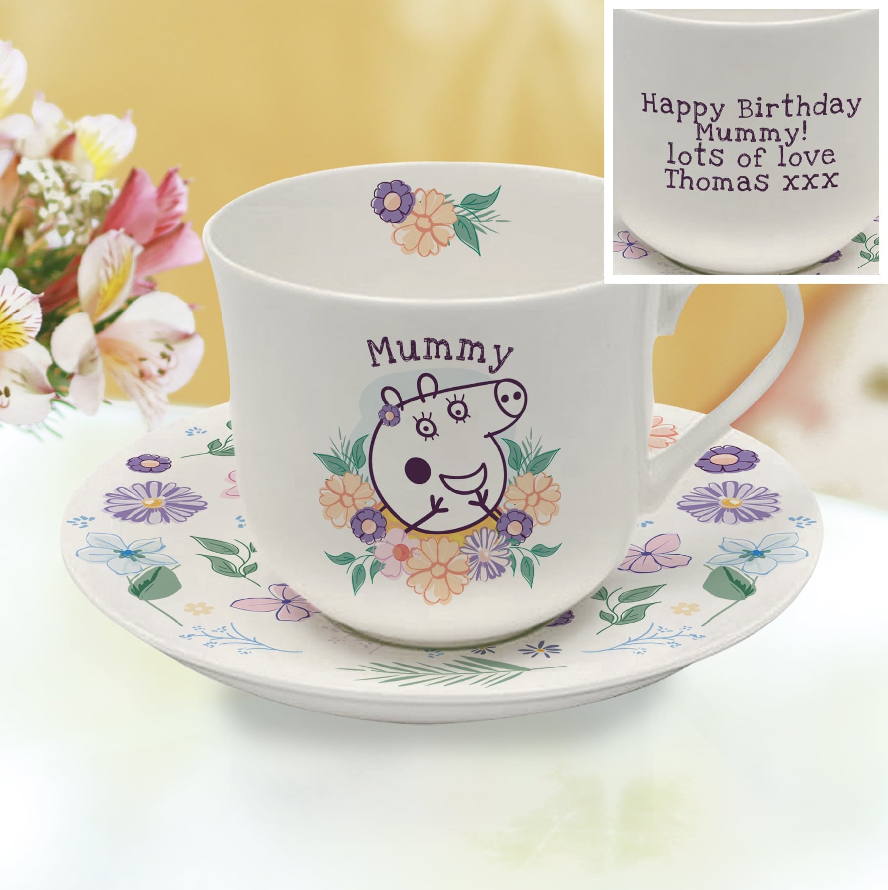 Personalised Peppa Pig Mummy Pig Floral Cup & Saucer