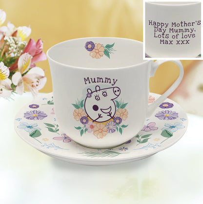 Personalised Peppa Pig Mummy Pig Floral Cup & Saucer