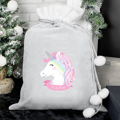 Luxury Personalised Unicorn Pom Pom Silver Grey Sack