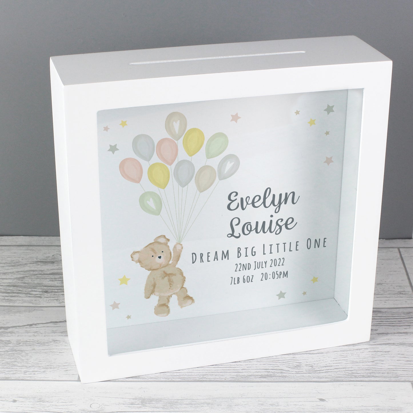 Personalised Teddy & Balloons Money Fund Box