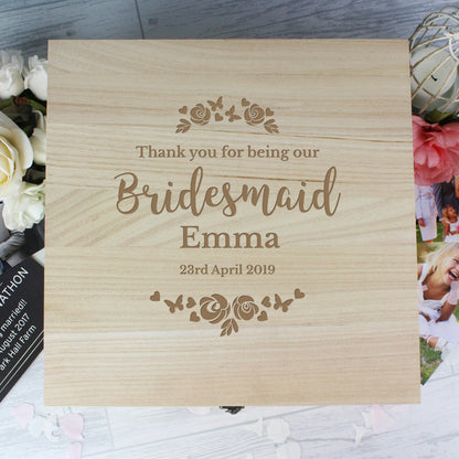 Personalised Bridesmaid Floral Watercolour Large Wooden Keepsake Box