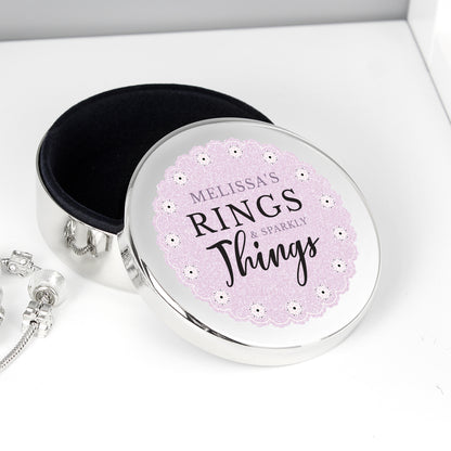 Personalised Lilac Lace 'Rings & Sparkly Things' Round Trinket Box