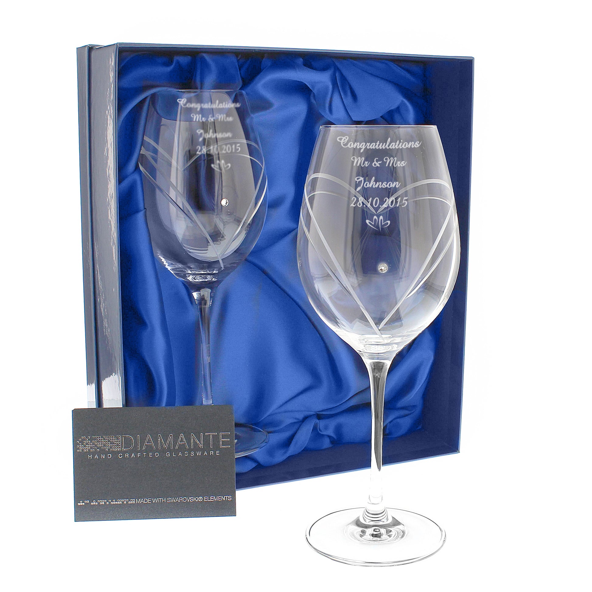 Personalised Hand Cut Little Hearts Diamante Swarovski Wine Glasses