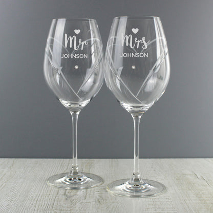 Personalised Wedding Mr & Mrs Hand Cut Heart Wine Glasses