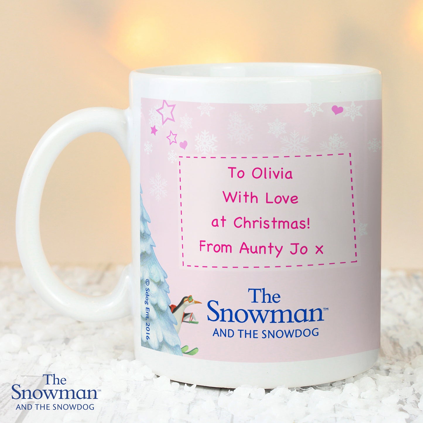 Personalised The Snowman and the Snowdog Pink Christmas Mug