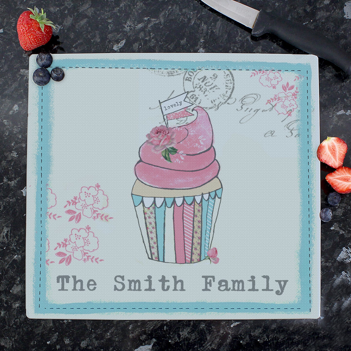 Personalised Vintage Pastel Cupcake Glass Chopping Board/Worktop Saver