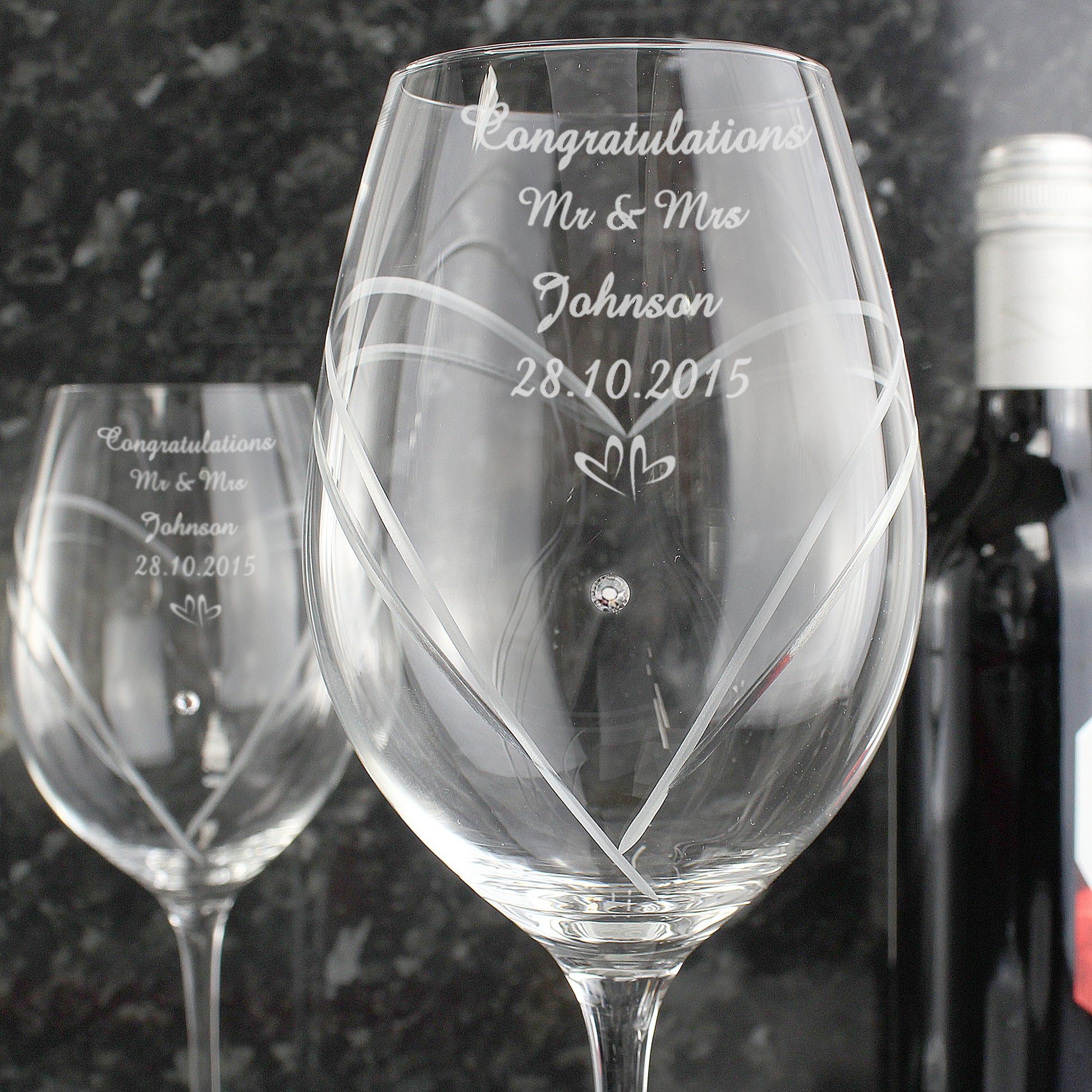 Personalised Hand Cut Little Hearts Diamante Swarovski Wine Glasses